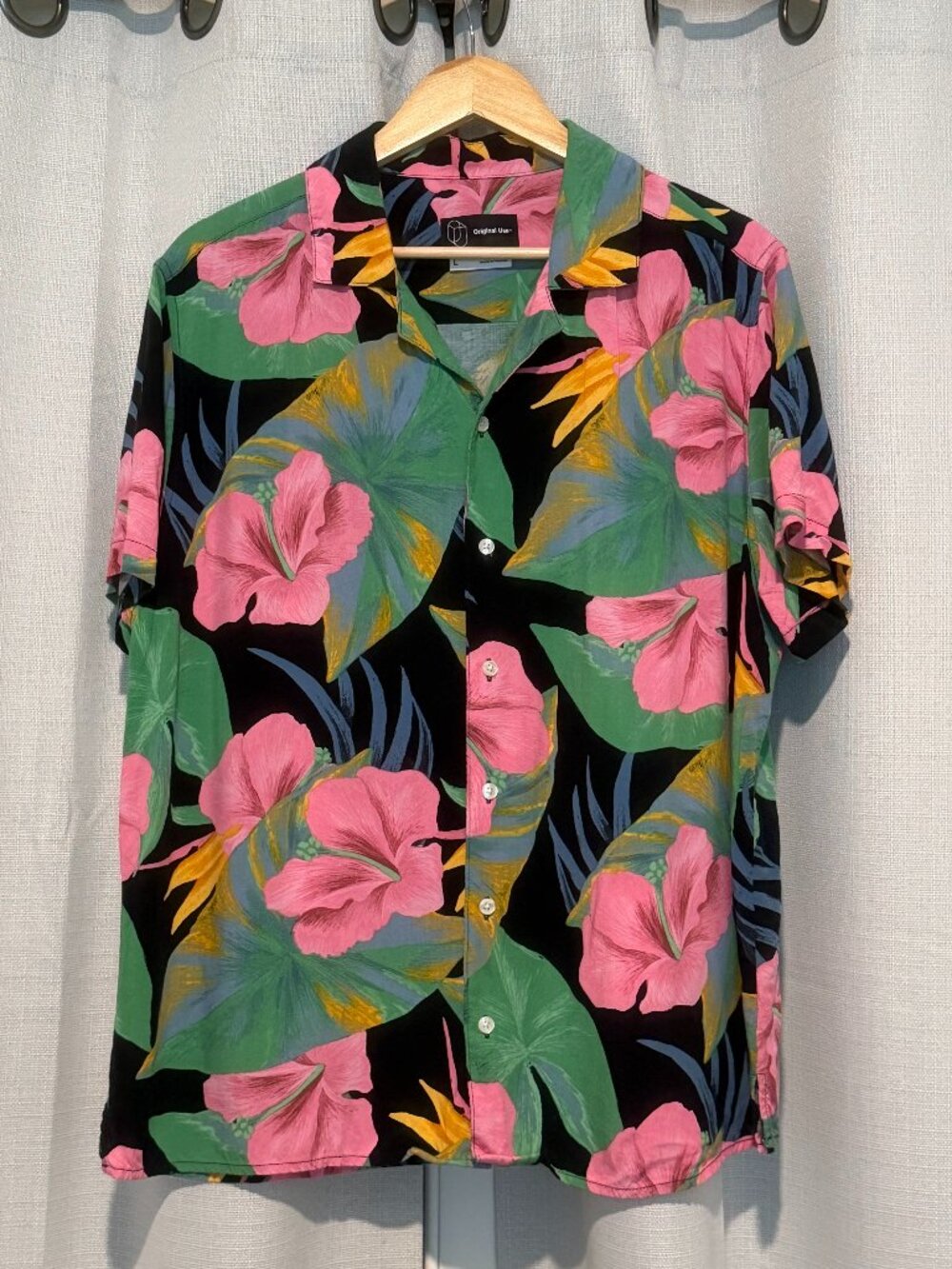 Original Use Tropical Hawaiian Floral Print Short Sleeve Button Down Shirt L